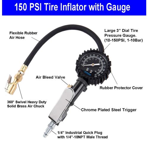 YOTOO Recoil Air Hose Kit with Tire Inflator Gauge, 1/4 Industrial Quick Coupler and Plug for tire infaltion and air Tools