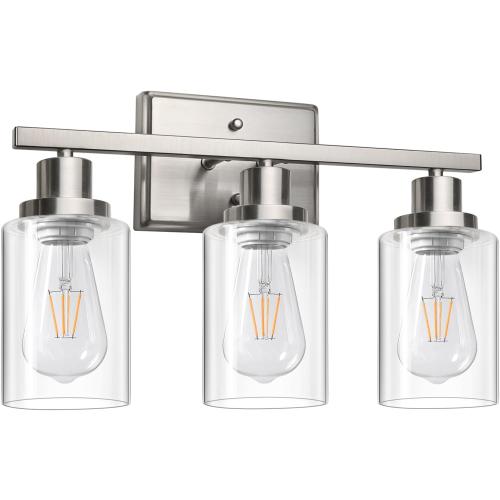 Ascher Bathroom Vanity Light Fixtures, 3 Light Wall Sconces Lighting with Clear Glass Shade, Brushed Nickel Wall Lights for Mirror, Kitchen, Living Room, Gallery, E26 Base (Bulbs Not Included)