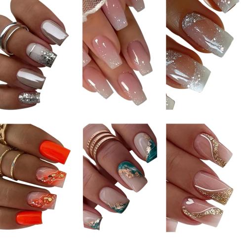 144 Pcs Press on Nails Medium Square Fake Nails Glitter False Nails with Designs Glue on Nails Full Cover Acrylic Stick on Nail Reusable Artficial Nail for Women Manicure 6 Packs
