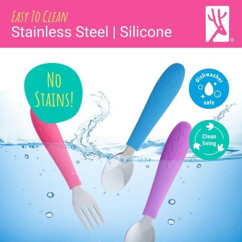 Blue Orange and Green 6 Pc Set Elk and Friends Kids Silverware with Silicone Handle | Childrens Safe Flatware | Toddler Utensils | Baby Spoons   Forks | Stainless Steel Cutlery