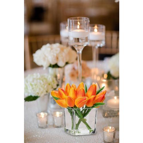 DILATATA Artificial Orange Tulips in Vase with Faux Water 5.5 Real Touch Flowers Fake Tulips Small Flowers Arrangement in Cube Glass Vase for Mother's Day Table Centerpiece Wedding Home Decor