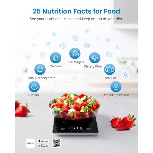 RENPHO Digital Kitchen Scale, Smart Food Weight Scale with Nutritional Calculator, Gram Scale for Weight Loss Cooking Baking Keto Macro Diet, Black Glass, 22lb/10kg