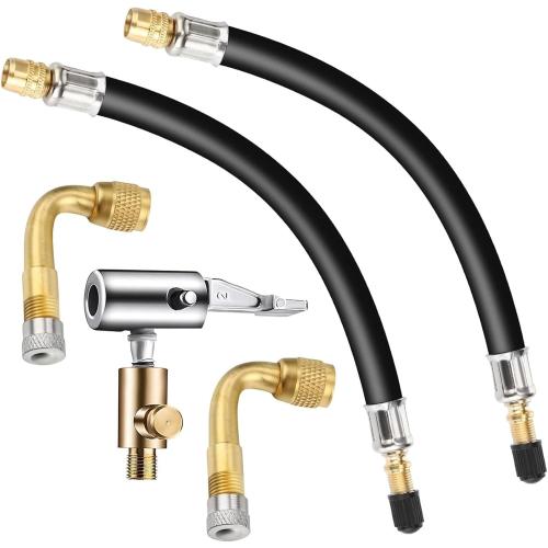 5 Pcs Tire Valve Extension, 8.25 Inch Flexible Valve Stem Extenders, 90 Degree Brass Tire Valve Extension Adaptors with Tire Inflator Hose Adapter Compatible for RV Bike Motorcycle Car