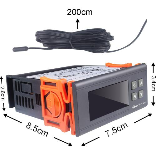 KETOTEK Digital Temperature Controller AC110V 10A Fahrenheit Thermostat with 2m Waterproof Sensor 2 Relays Heating Cooling Incubator