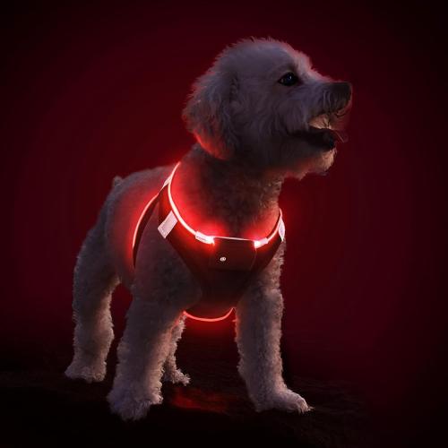Size M-L PceoTllar Light Up Dog Harness, LED No Pull Reflective Dog Harness, Flashing Lighted for Night Walking , (Black Red,)