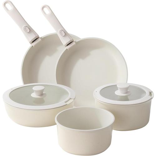 Ceramic Cookware Set 9 Pcs Pots and Pans Set with Detachable Handles Cooking Pan Saucepan Set Skillet Healthy Induction Cookware Oven Safe Dishwasher RV Kitchen Cream