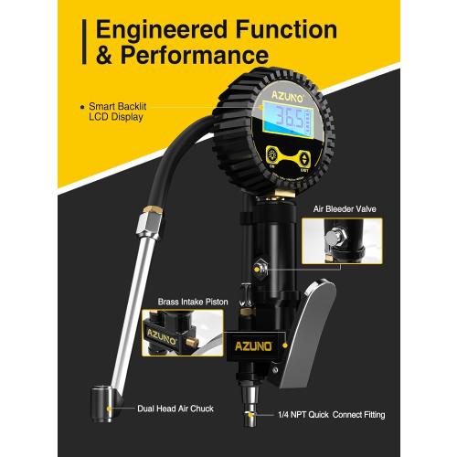 AZUNO Digital Tire Inflator with Pressure Gauge, 200 PSI, Heavy Duty Air Compressor Accessories, with Rubber Hose Lock on Air Chuck and Quick Connect Coupler, Comes with a Portable Carrying Box