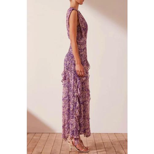 size L ...Catalpalev Ladies Temperament Chiffon Printed Round Neck Sleeveless Waist Long Dress Valentine's Day Date Prom Dresses