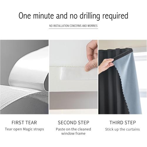 AJAZZ 100% Blackout Self Adhesive Curtains Small Window Short Temporary Black Out Curtains Easy to Install Used for Bedroom Kitchen Window Cover (Black, 35 W x 48 L 1 Panel)