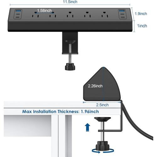 Jgstkcity Desk Clamp Power Strip USB C,40W Total Fast Charging Station,4 PD 20W USB C Ports,Desk Edge Mount Surge Protector,5 Outlets,Fit 1.96 Tabletop Edge,ETL Listed