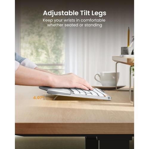 ProtoArc Backlit Bluetooth Ergonomic Keyboard, EK01 Plus Full Size Wireless Split Keyboard with Dual Bluetooth and USB, Cushioned Wrist Rest, Rechargeable, for Windows/Mac/Android, White and Silver