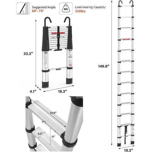 Silver 12.5ft Telescoping Ladder, LUISLADDERS Aluminum Telescopic Extension Ladder One-Button Retraction with Hooks EN131 330lbs Max Capacity, Multi Purpose Collapsible Ladder for RV or Outdoor Work