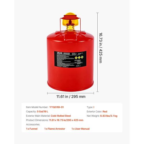 VEVOR Safety Gas Can, 5 Gallon Type I Red Metal Container for Liquid Material with Stainless Steel Flame Arrester, Self-Closing Lid & PE Funnel, Carbon Steel Flammable Saving with Handle