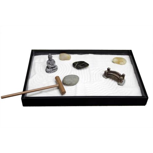 Nature's Mark Mini Zen Garden Kit for Desk with Rake, White Sand, Buddha Figure, Bridge Figure and River Rocks, Black Rectangle Base