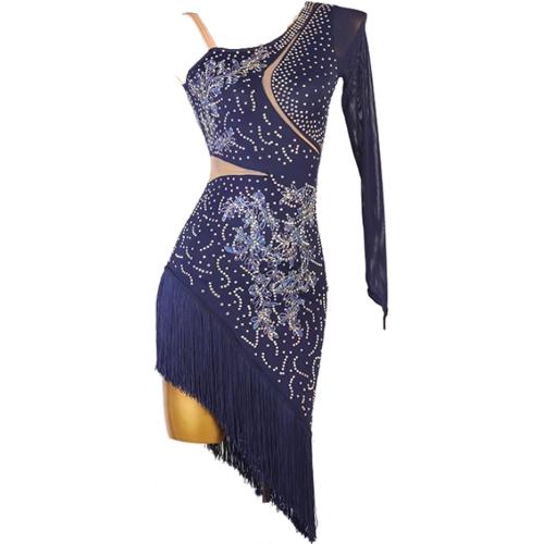 Size Large Color Blue Latin Dance Performance Dresses Ballroom Dance Costumes Asymmetric Cha Cha Dancewear Embroidery Salsa Dance Dress
