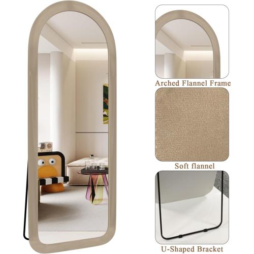 Full Length Mirror 56x20 Arch Floor Mirror with Stand Arched Full Body Mirror Standing Hanging or Leaning Against Wall for Bedroom Flannel Wrapped Wooden Frame Milk Tea