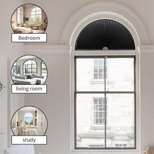 Arch Window Shade Half Circle Arched Stick on Cut to Size Half Moon Blinds | Non-Woven, Light Filtering, Radius 24 inch, Semi Circle, Half Round, Temporary Covering, Pleated Paper Blinds for Front Door