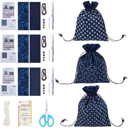 INFUNLY 3 Set Sashiko Drawstring Bag Kit DIY Sashiko Embroidery Bag Set with Printed Fabric Sewing Handbag Kits Embroidery Starter Kit Needlepoint Sewing Bags with Instruction for Beginner Adult