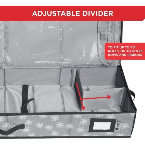 HOLDN’ STORAGE Premium Wrapping Paper Storage Container - Durable 600D Tear-Proof, Fits 27 Rolls Gift Wrap, Extra Pockets for Ribbons & Bows, Underbed Storage - Ideal for Holiday Christmas, Grey/White Snowflakes