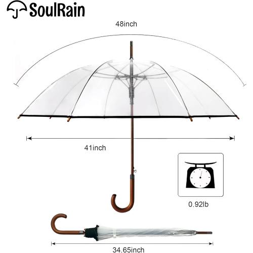 SoulRain 48 Clear Bubble Umbrella – Large Transparent Umbrella for Rain, Windproof & Automatic Open, Wedding Umbrellas for Women & Men, Vintage Stick Cane with Wooden Handle(Clear)