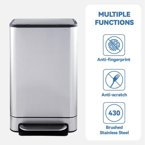 Size 13.2 gallon Kitchen Trash Can - ELPHECO - 13.2 Gallon Stainless Steel Garbage Bin with Soft Slow Lid, 50 Liter Pedal Trash Can, Durable Pedal, Removable Plastic Inner Bucket Waste Bin for Office, Kitchen, Outside
