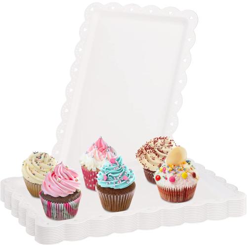 Peohud 12 Pack White Plastic Serving Tray with Lace Rim, Rectangle Food Trays, Disposable Serving Platters and Trays for Party, Wedding, Restaurant, 14.4 x 9.3