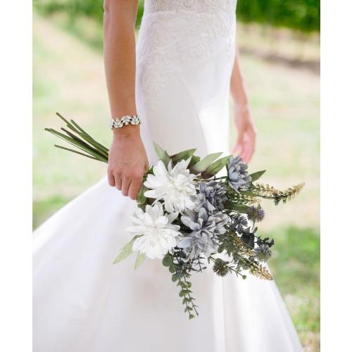 White and Grey Artificial Fake Flowers Bouquet White Grey Silk Flower for Craft Arrangements Wedding Bouquets Faux Flowers for Vase for Kitchen Garden Home Party Table Décor (White Grey)