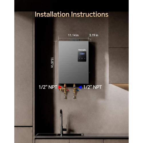 Vancepic 14kW Tankless Water Heater Electric 240V, Instant Hot Water On Demand, Self-Modulating Energy Saving, LED Display, Compact Space-Saving Design