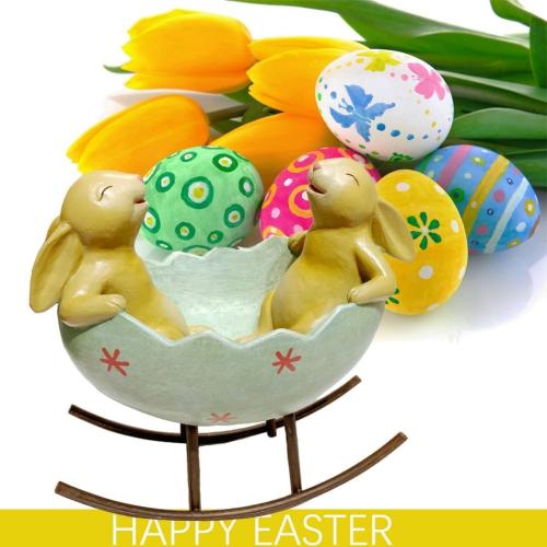 Laughing Bunny Rabbits Rocking in an Easter Egg Cradle Spring Easter Decoration Vintage Rustic Country Bunnies Rabbit Figurine Statue (Bunnies in a Cradle)