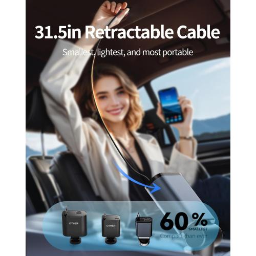 Retractable Car Charger, 3 in 1 Fast Car Phone Charger 50W, 1 TypeC Retractable Cables and USB Port,USB C Car Charger Compatible with iPhone 17/17 Pro Max/16/15/14/13/12/11,for Galaxy S25,Pixel 10