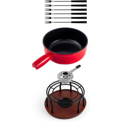 Swissmar Ticino Cast Iron Fondue Set with Enameled Interior, 2L / 2 QT – 9-Piece Cheese & Chocolate Fondue Pot with Forks, Burner & Beechwood Base – Perfect for Family Gatherings & Gift Giving – Red