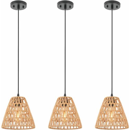 3-Pack Rattan Kitchen Island Pendant Light Fixtures, 9 Boho Farmhouse Hand-Woven Wicker Cone Hanging Ceiling Lights, Adjustable Height for Dining Room, Hallway EH66185P3