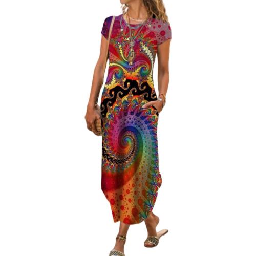 AHAIJ Women Summer Casual Maxi Dress Floral Printed Loose Pockets Short Sleeve Split Boho Dresses size small