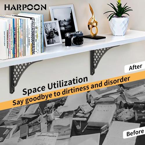 Gold 2 Pack 8 HARPOON 2 Pack Heavy Duty Cast Iron Victorian Shelf Bracket, 8 Inches Gold Baroque L-Shaped Shelf Brackets, DIY Projects, Hardware Included