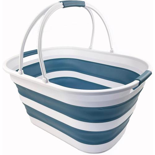 SAMMART 38L (10 Gallons) Collapsible Plastic Laundry Basket - Foldable Storage Container/Organizer - Portable Washing Tub - Space Saving Laundry Hamper (White/Adriatic Blue)
