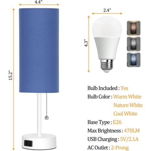 Dott Arts Table Lamp for Bedroom, 3-Color Bedside Lamps with Pull Chain, Bedroom Table Lamps for Nightstand,AC Outlet Small Lamp for Living Room, Bulb Included Blue