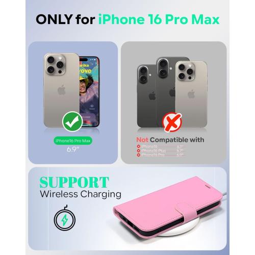 PINK OCASE Compatible with iPhone 16 Pro Max Wallet Case, PU Leather Flip Folio Case with Card Holders RFID Blocking Kickstand [Shockproof TPU Inner Shell] Phone Cover 6.9 Inch 2024, Pink