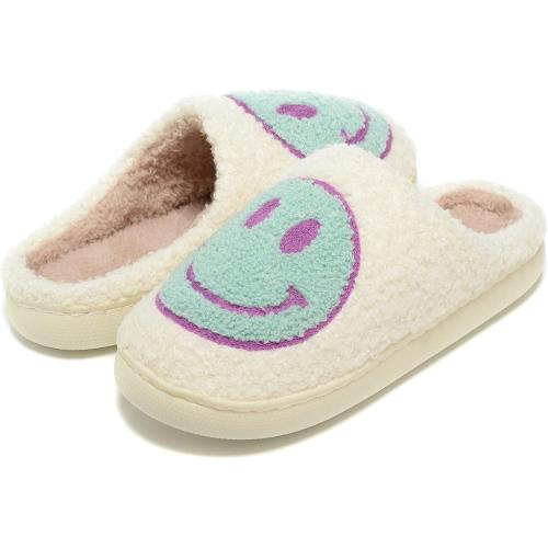 Size 40-41 Color White with Blue and purple face Nordic Peace Fuzzy Face Slippers for Women  Soft Fluffy Warm Home Non-Slip