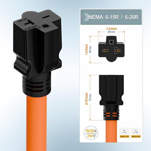 Orange STW Heavy Duty Nema 14-50P 50-AMP Plug Male to 6-20R/6-15R T-Blade Adapter, 4-Prong 250V to 20A 250V 6-20/15R Adapter, 14-50 to 6-20R EV Dryer Adapter