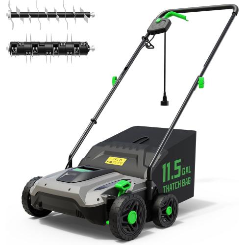 TIECTOWN 14-Inch 13.5 Amp 2-in-1 Electric Dethatcher and Scarifier with 11.5-Gallon Collection Bag, Lawn Dethatcher with 5-Position Depth Adjustment, Blade Replacement Without Tool - Green