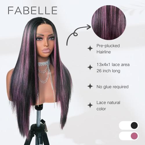 Black and Pink Highlight Wig Lace Front Wigs Pre Plucked with Baby Hair Glueless Wig 26 Inch Long Straight for Women Pink Color Forehead Synthetic 13×4×1 Lace Front Wig