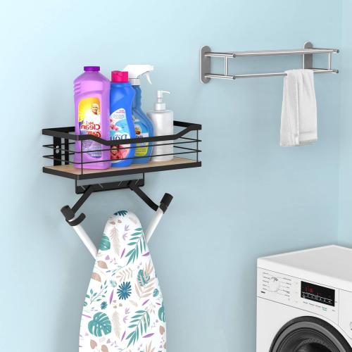 Ironing Board Holder Wall Mount - Laundry Room Organization and Ironing Board Holder Laundry Room Iron and Storage with Large Storage Wooden Base Basket and Removable Hooks(T&V Shaped)