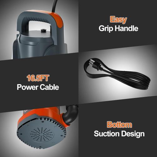 Sump Pump Submersible Water Pump 1HP 4500 GPH Portable Transfer Water Pump Utility Pump for Pool Draining Basement