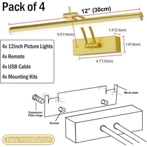 4 Pack Picture Light Battery Operated for Wall, 16 Wireless Art Lighting for Painting, 6 Colors Picture Frame Lights with Remote, Dimmable 5200mAh Gallery Light, Gold