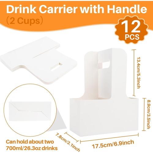 MAQIHAN 2 Cup Drink Carrier with Handle - 10Pcs Disposable Paper Cardboard Coffee Cup Holder Portable Drink Caddy Cup Carriers to go Cup Holder Food Delivery Accessories for Hot/Cold Drinks (White)
