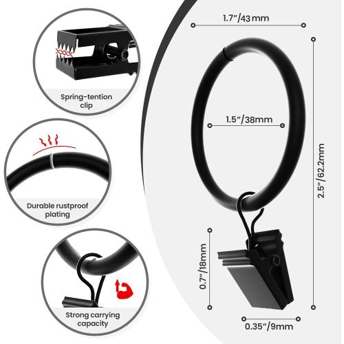 40 Pack of 1.5 Black Curtain Rings with Clips 1.5 Inch Set of 40 Heavy Duty Curtain Hooks for Drapes, Caps, Pictures - fits on Rod Diameter Upto 1.25Inch/32mm… (Black, 1.5 Inch - 40 Pack)