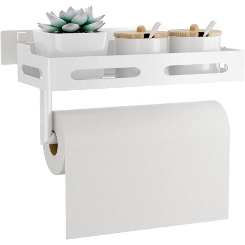Paper Towel Holder Wall Mount with Shelf, Easy One Hand Tear, Adhesive Glue or Drill Mount Hanging Paper Towel Holder with Shelf for Kitchen/Bathroom/RV, White Metal, 4 Hooks
