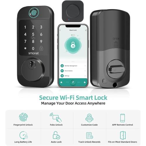 Smart Locks WiFi Deadbolt: SMONET Fingerprint Front Door Lock Keyless Entry with Keypad Electronic Digital Deadbolt Alexa Gateway Remote Control, Bluetooth APP KeyFob Code Auto-Lock for Home, Black