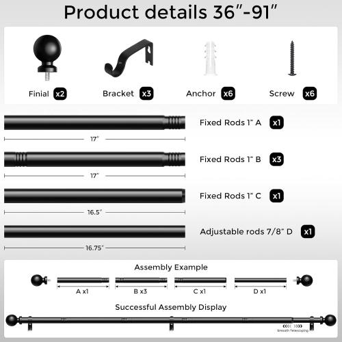 Curtain Rods 36-91 Inch, Black 1 Inch Adjustable Heavy Duty Curtain Rods for Windows, Decorative Modern Window Treatment Rod, Telescopic Splicing Metal Drapery Pole, Easy Installation