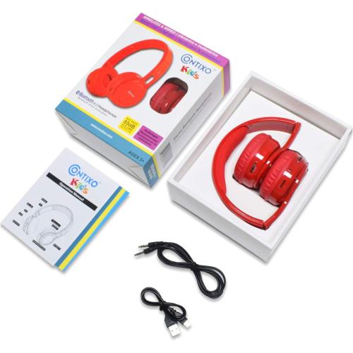 Contixo KB-2600 Over Ear Headphones - Wireless Bluetooth Headphones Kids Safe - 85dB with Volume Limited with Long Lasting Battery - Built-in Mic - Micro SD Card Slot - FM Stereo Radio (RED)
